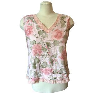 Vintage 90's Norton Studio Linen & Lace Blouse Sz Large Womens Pink Floral Tank